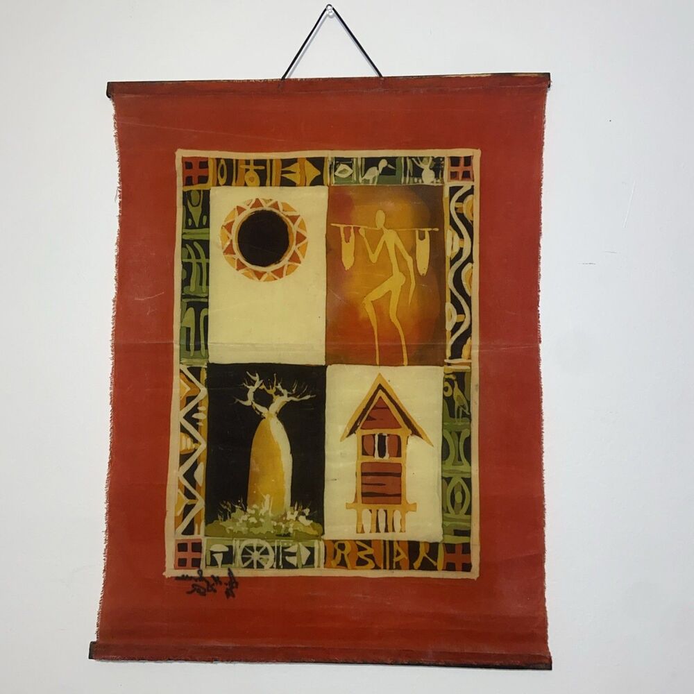 Vintage Malagasy Batik Textile Wall Hanging Signed Antsirabe Madagascar 23x 17